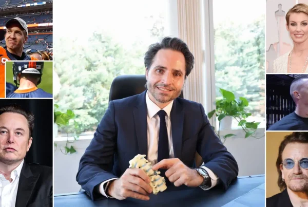 Neurosurgeon, Dr. Geoff Appelboom pointing at a cervical spine model. On either side of him is images of celebrities such as Peyton Manning, Elon Musk, Faith Hill, and John Cena who needed ACDF Cervical Spine Surgery